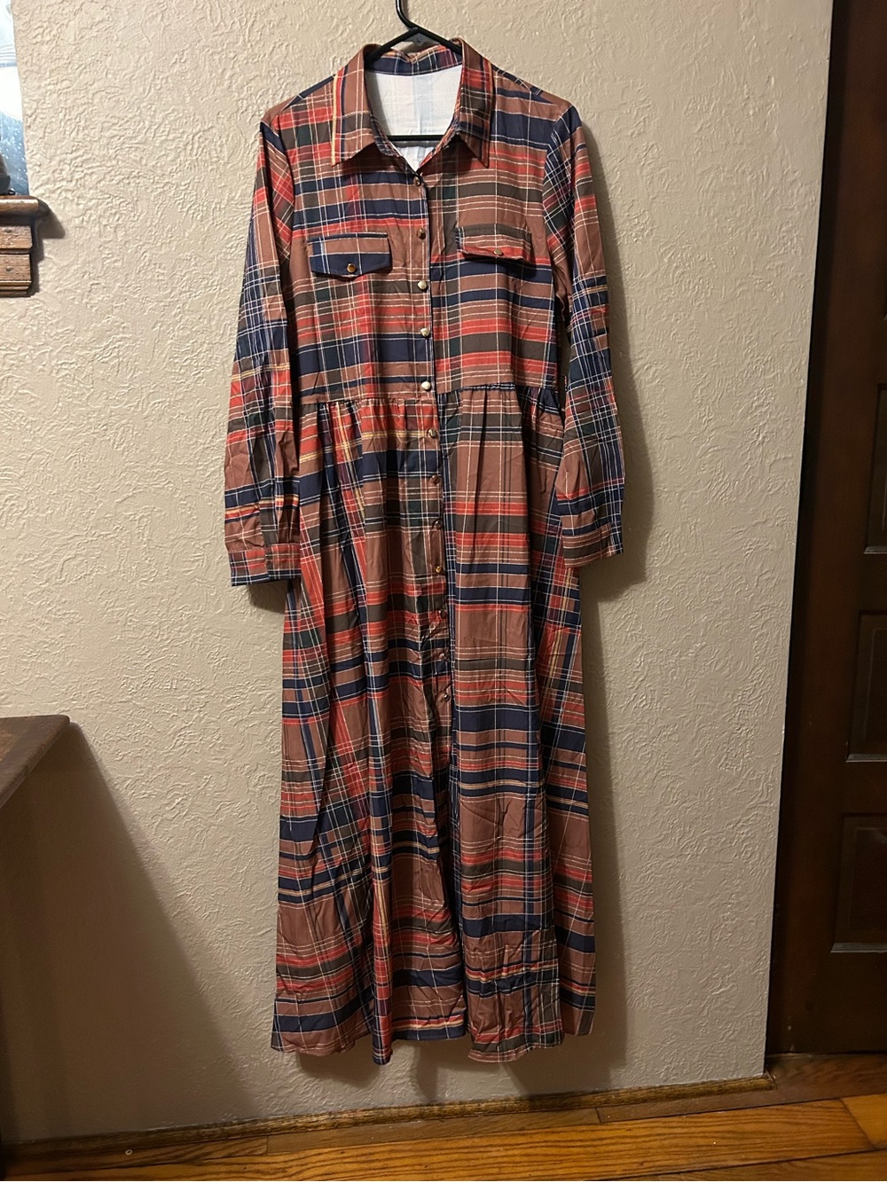 Plaid Button-Front Maxi Dress in Rust & Navy
